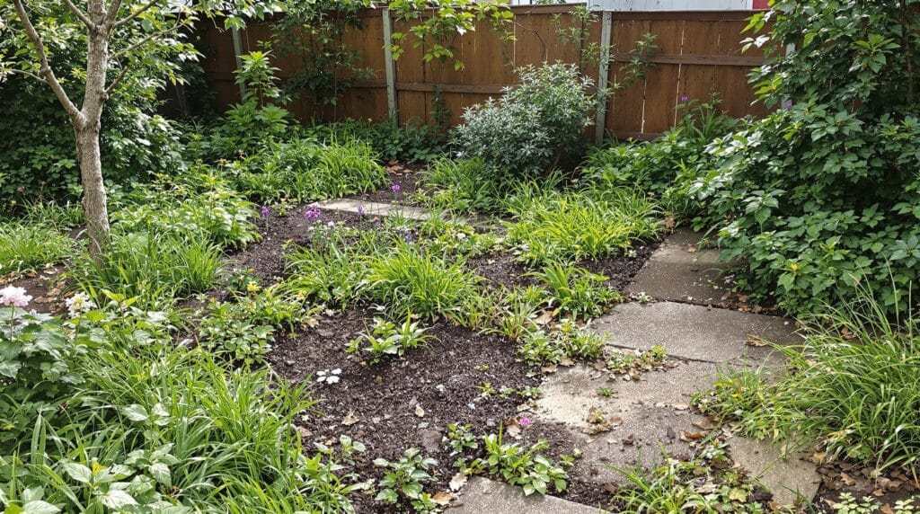 Zdjęcie przedstawiające zaniedbaną działkę ROD, porośniętą chwastami i bez uporządkowanych grządek