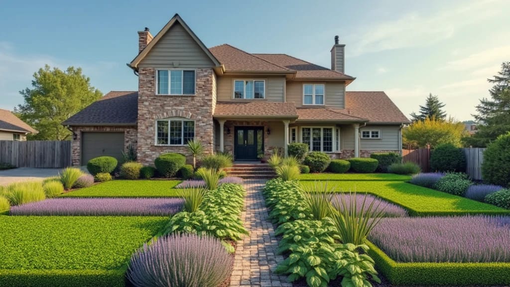 Obraz przedstawiający uporządkowany ogród z wyraźnie wydzielonymi grządkami pełnymi soczyście zielonych ziół oraz lawendy dodającej koloru i zapachu