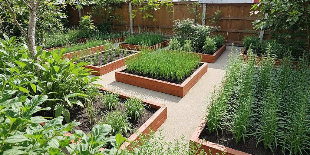 Obraz przedstawiający dobrze zorganizowany ogród warzywny z podniesionymi grządkami, pełnymi soczystych pomidorów, sałaty, marchwi i innych warzyw, otoczonych ścieżkami ułatwiającymi pielęgnację roślin