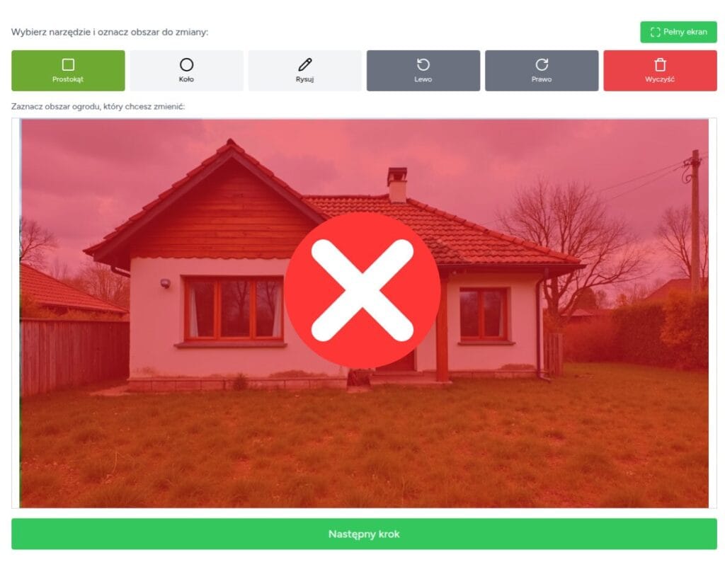 Niepoprawnie: Zaznaczenie całego kadru (cała posesja, budynek i niebo).